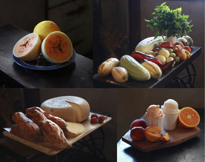 Editorial photography of fresh melons, vegetables, bread, cheese and dessert prepared by Chris Bianco for Phoenix Magazine. Image by Phoenix commercial photographer Jason Koster.