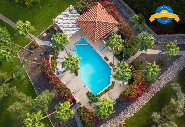 Drone shot looking straight down on pool and lush landscape.