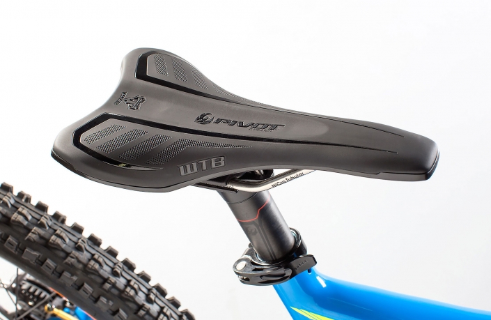 Product photography of WTB saddle on Pivot Cycles mountain bike.